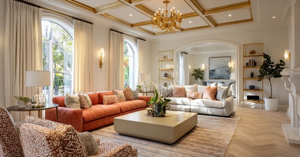 Elegant living room with bright natural light, balanced Feng Shui layout, and harmonious Qi energy flow