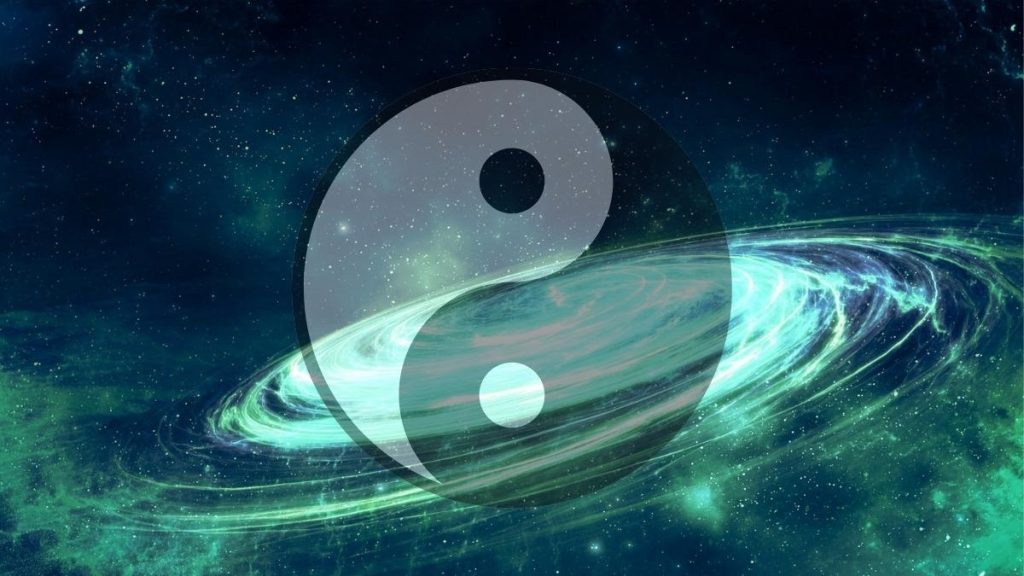 Yin Yang symbol surrounded by cosmic energy representing the dance of opposites in ancient Chinese philosophy