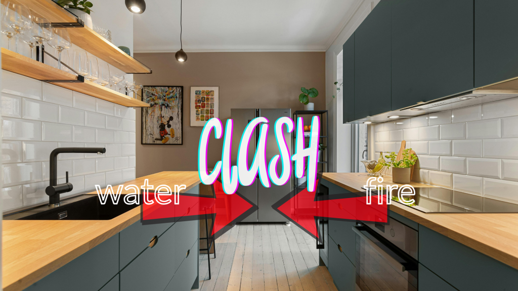 Kitchen Feng Shui example showing balanced Water and Fire elements with a plant between sink and stove.