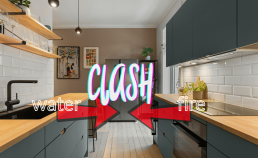 Kitchen Feng Shui example showing balanced Water and Fire elements with a plant between sink and stove.