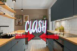 Kitchen Feng Shui example showing balanced Water and Fire elements with a plant between sink and stove.