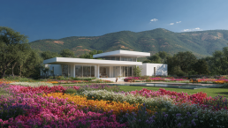 A traditional house with mountains behind and an open courtyard in front, symbolizing Feng Shui backing and bright hall.