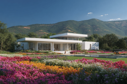 A traditional house with mountains behind and an open courtyard in front, symbolizing Feng Shui backing and bright hall.