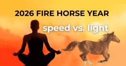 A person meditating next to a running horse against a glowing orange sun, representing the balance of speed and light in the 2026 Fire Horse year.