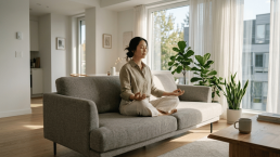 An Asian woman meditating peacefully on a modern sofa in a bright, uncluttered living room, representing a balanced energy vessel in authentic Feng Shui.