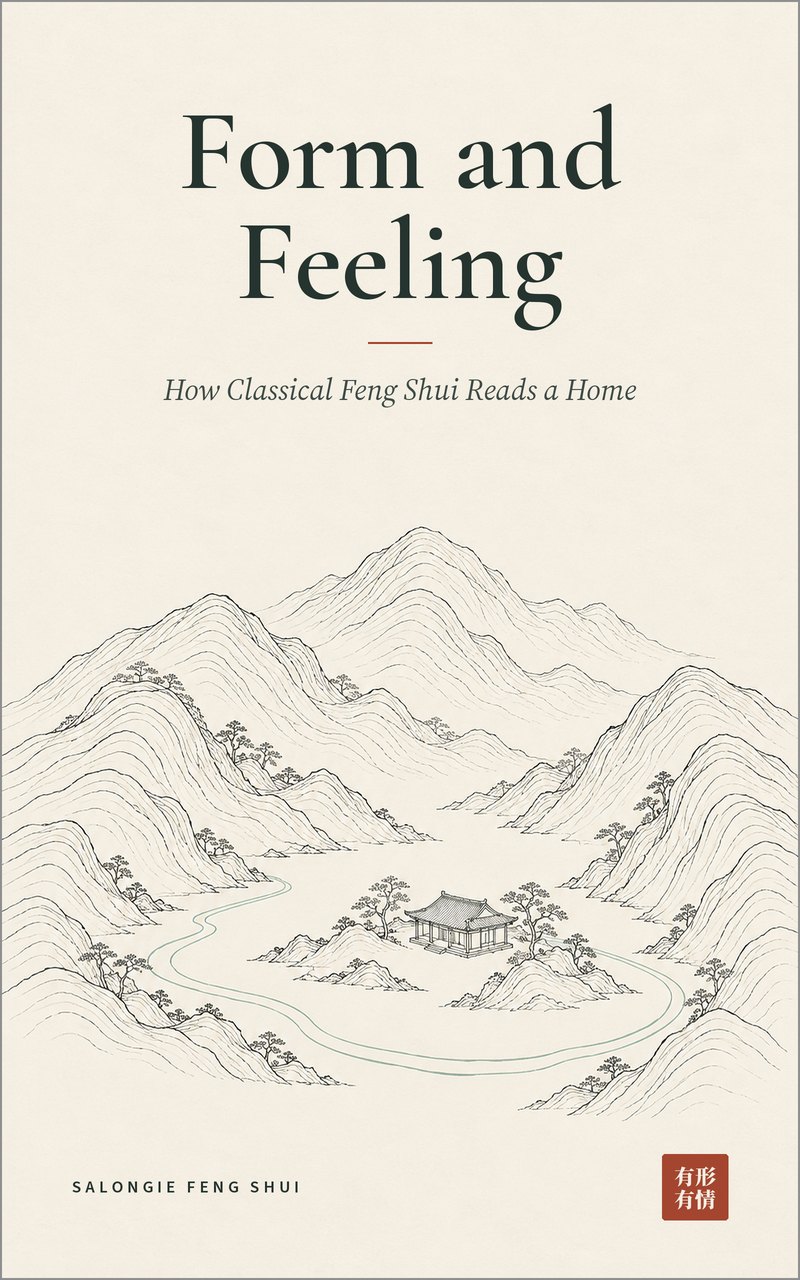 Cover of Form and Feeling: How Classical Feng Shui Reads a Home, a line drawing of hills embracing a small house beside a curving stream.