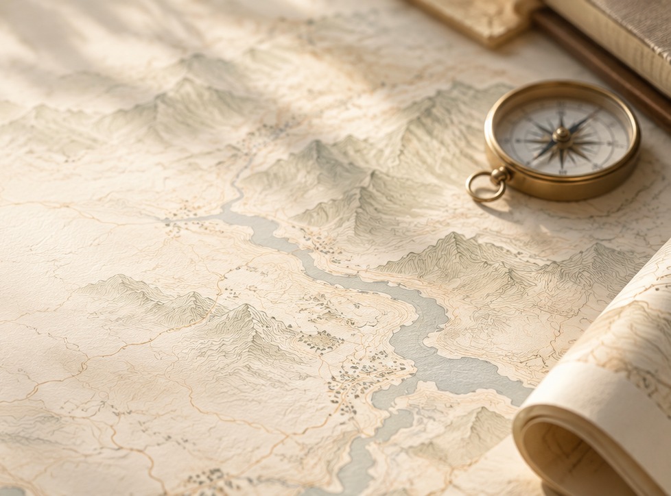 A brass compass resting on a hand-drawn map of mountains and rivers.