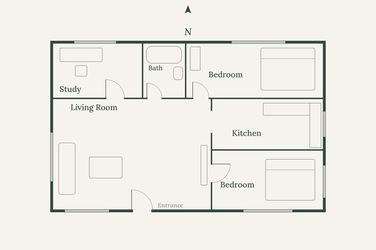 Floor plan of an ordinary apartment with a living room, two bedrooms, a study, and a kitchen, with north at the top.